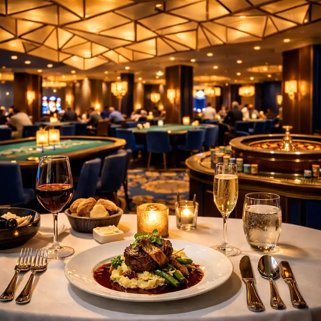 Elegancka restauracja Novareqwo z widokiem na stoły pokerowe i ruletkę, nakryty stół z wykwintnym daniem