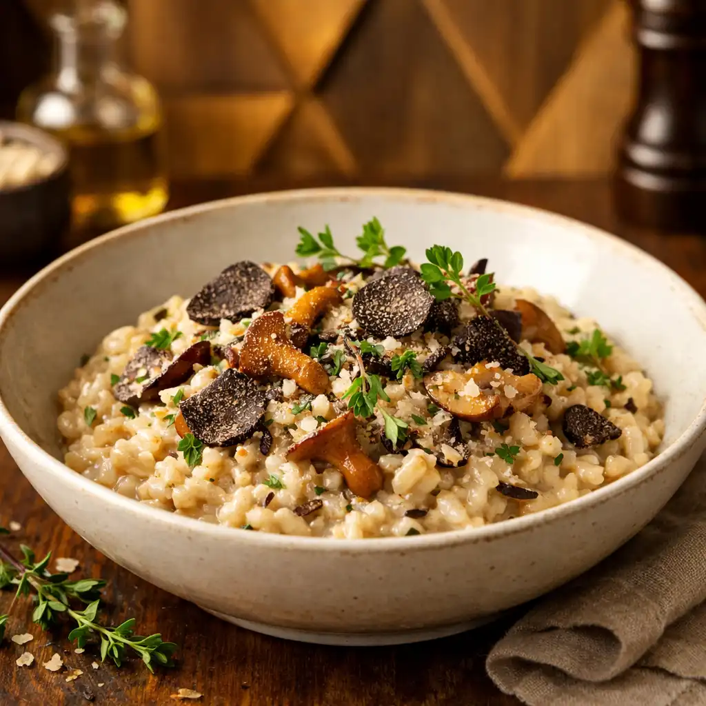 Kremowe risotto z grzybami leśnymi i truflą w eleganckiej misce