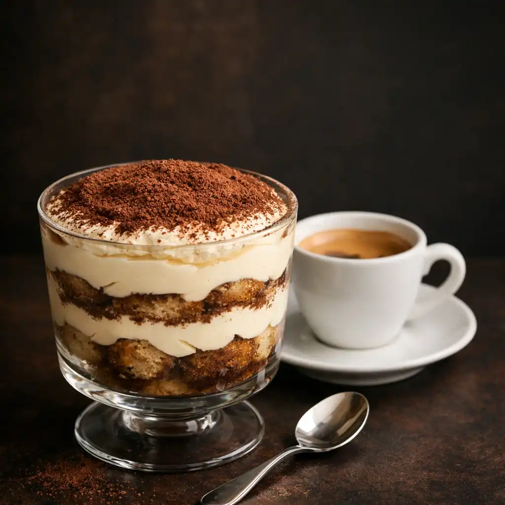 Deser tiramisu w szklanym pucharku z warstwami mascarpone i kakao