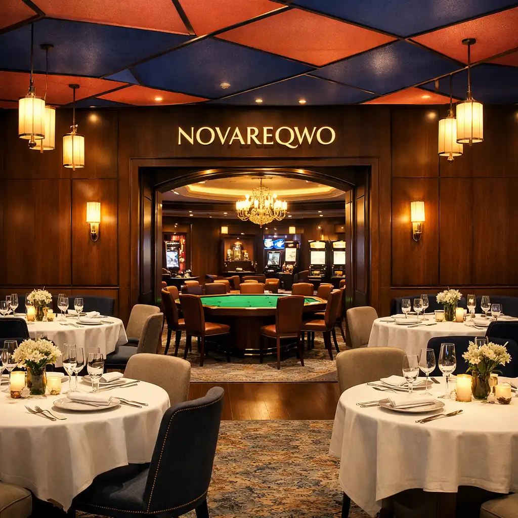Przejście z eleganckiej restauracji do strefy kasyna z widocznym stołem do pokera