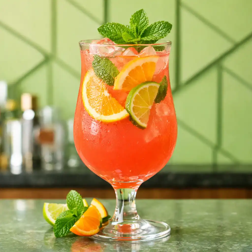 Kolorowy mocktail bezalkoholowy z plasterkami cytrusów i listkami mięty