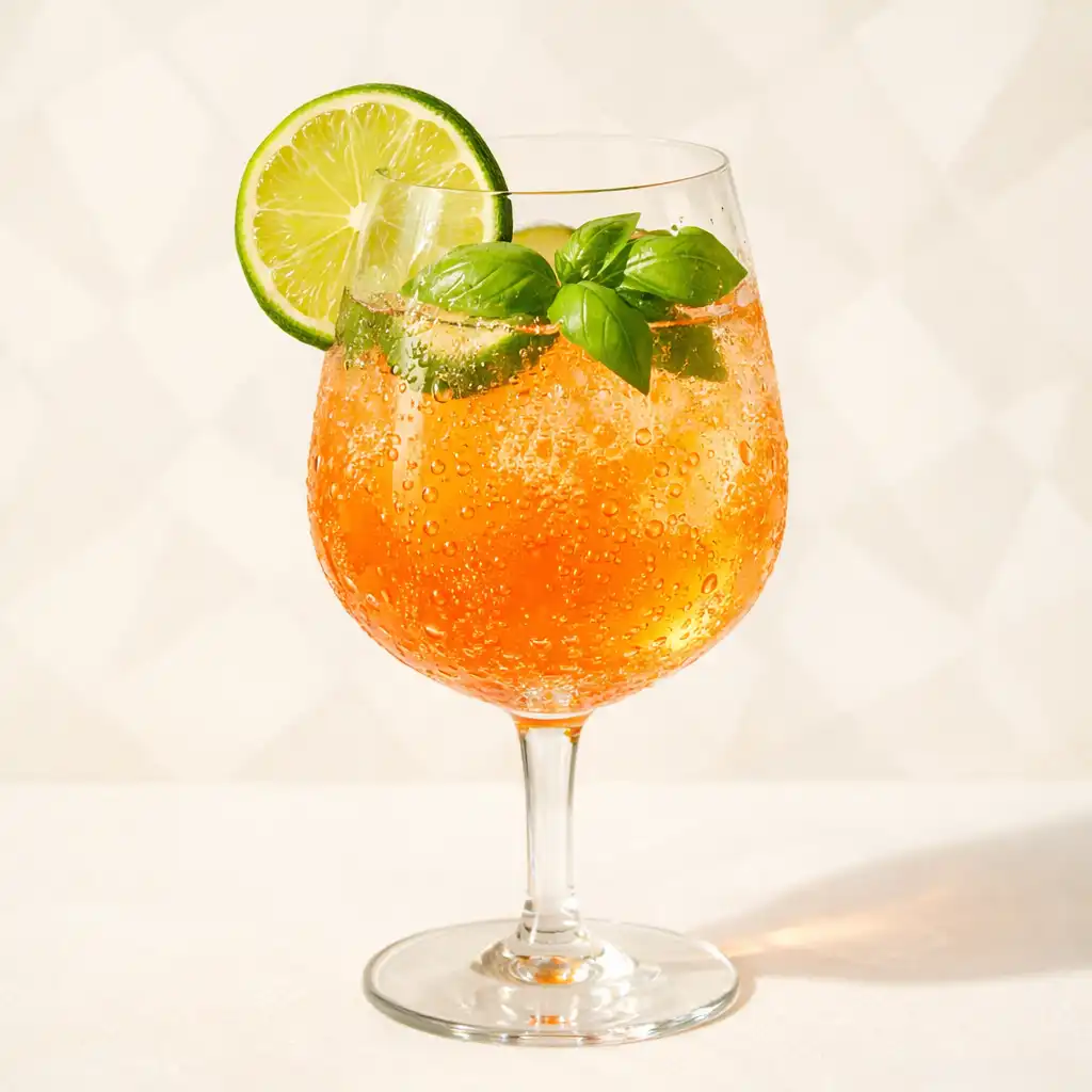 Mocktail Panelowy Spritz w kieliszku z limonką i bazylią
