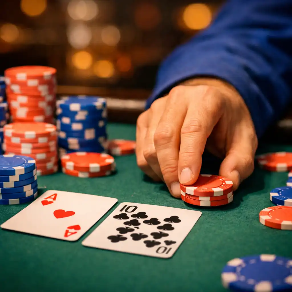 Zbliżenie na fizyczny stół pokerowy z kartami i żetonami w Novareqwo