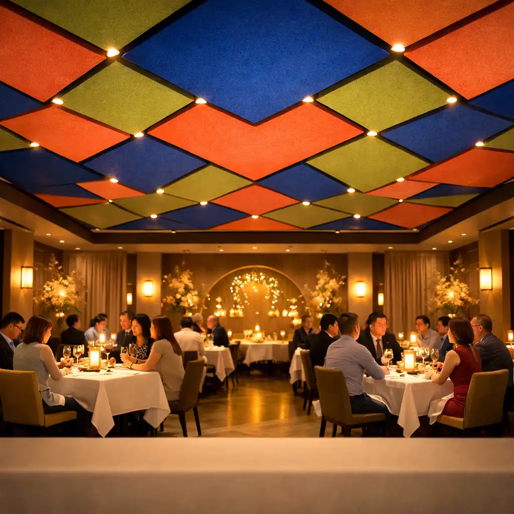 Nowoczesna restauracja Novareqwo z geometrycznymi panelami sufitowymi i elegancko nakrytymi stołami