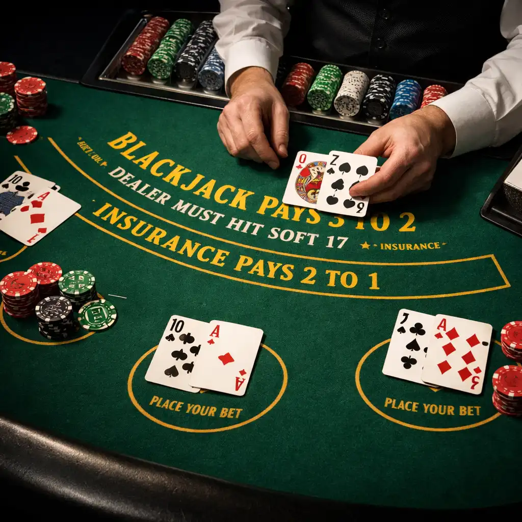Prawdziwy stół do blackjacka z kartami, żetonami i ręką krupiera w kasynie Novareqwo