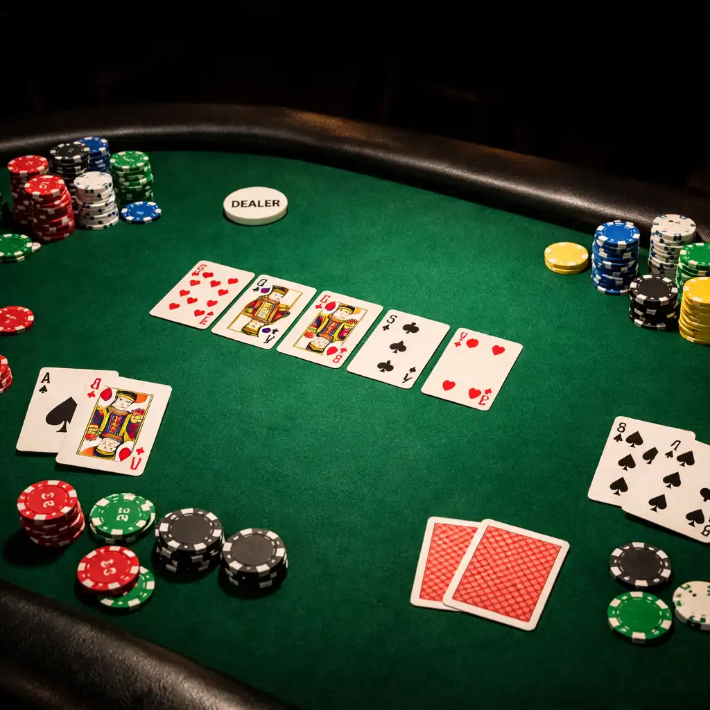 Prawdziwy stół pokerowy z zielonym suknem, kartami i kolorowymi żetonami w kasynie Novareqwo