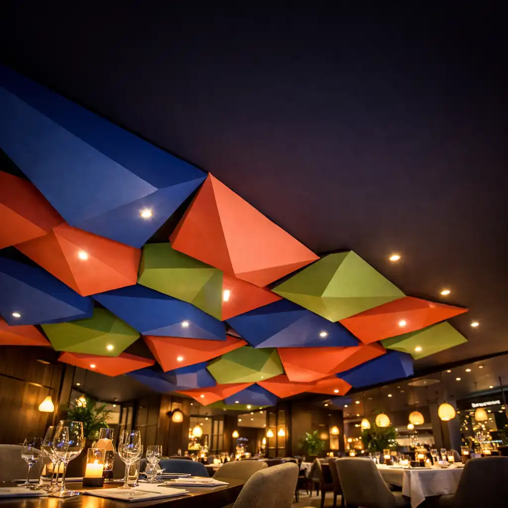 Wnętrze restauracji Novareqwo z geometrycznymi panelami sufitowymi w kolorach kobaltu, koralu i pistacji, widziane pod nietypowym kątem z dołu