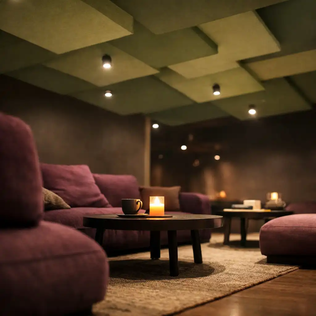 Strefa zero-proof lounge z niskimi sofami w kolorze plum, stolikami kawowymi i panelami sufitowymi w odcieniach pistacji, ujęcie z poziomu podłogi