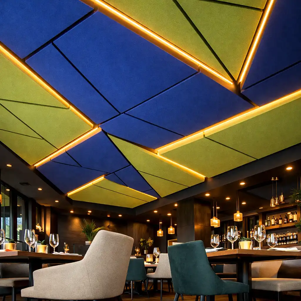 Wnętrze restauracji Novareqwo z geometrycznymi panelami sufitowymi i ciepłym oświetleniem LED