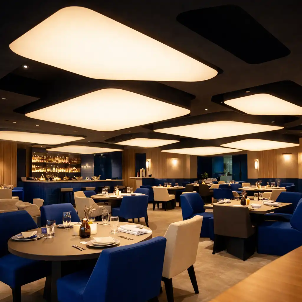 Sala restauracyjna Novareqwo z nieregularnie rozmieszczonymi stolikami pod wyspami świetlnymi z paneli sufitowych, widok z narożnika