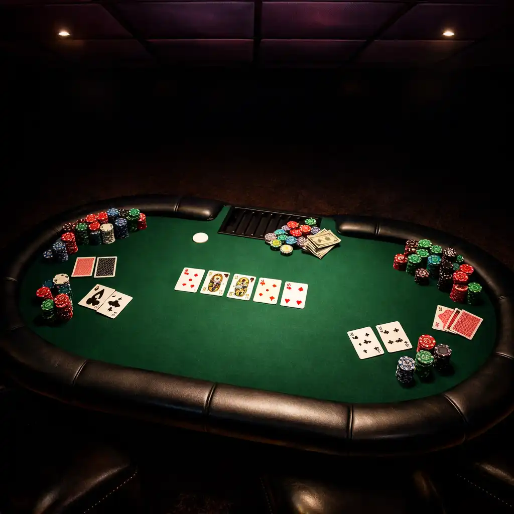 Prawdziwy stół pokerowy z zielonym suknem, kartami i żetonami w ciemnym pomieszczeniu z panelami sufitowymi w kolorze plum, ujęcie z góry pod kątem